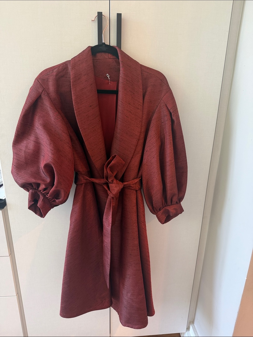 Alice + Olivia Rust Red Belted Puff-Sleeve Coat